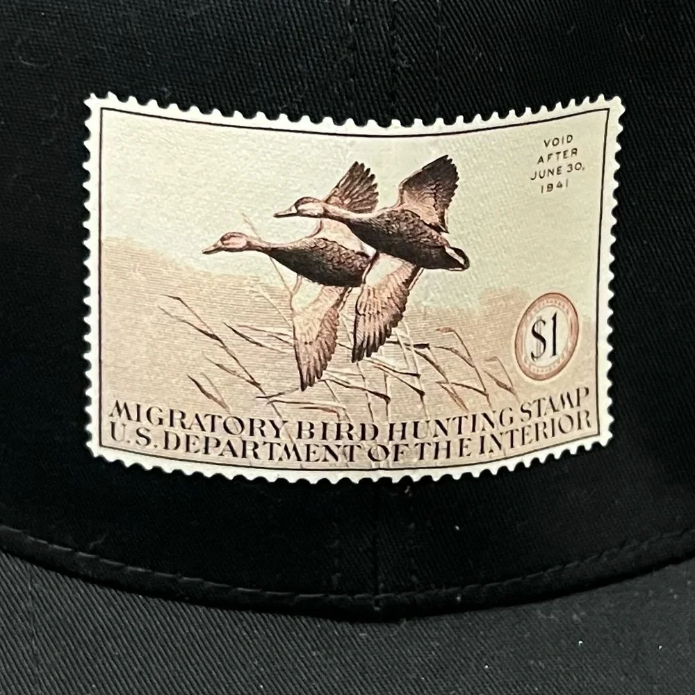 Black Trucker Hat with Bird Stamp Patch